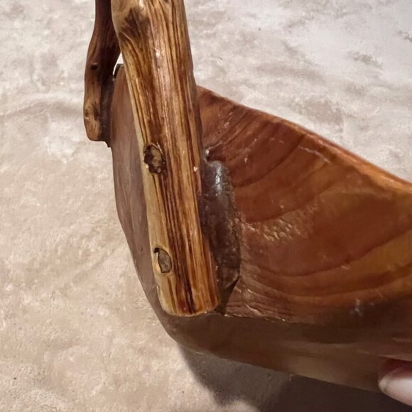 Hand Carved Burl Wood Handled Bowl/ Basket Rustic Exotic Resort Bread Fruit Trin - Picture 10 of 16
